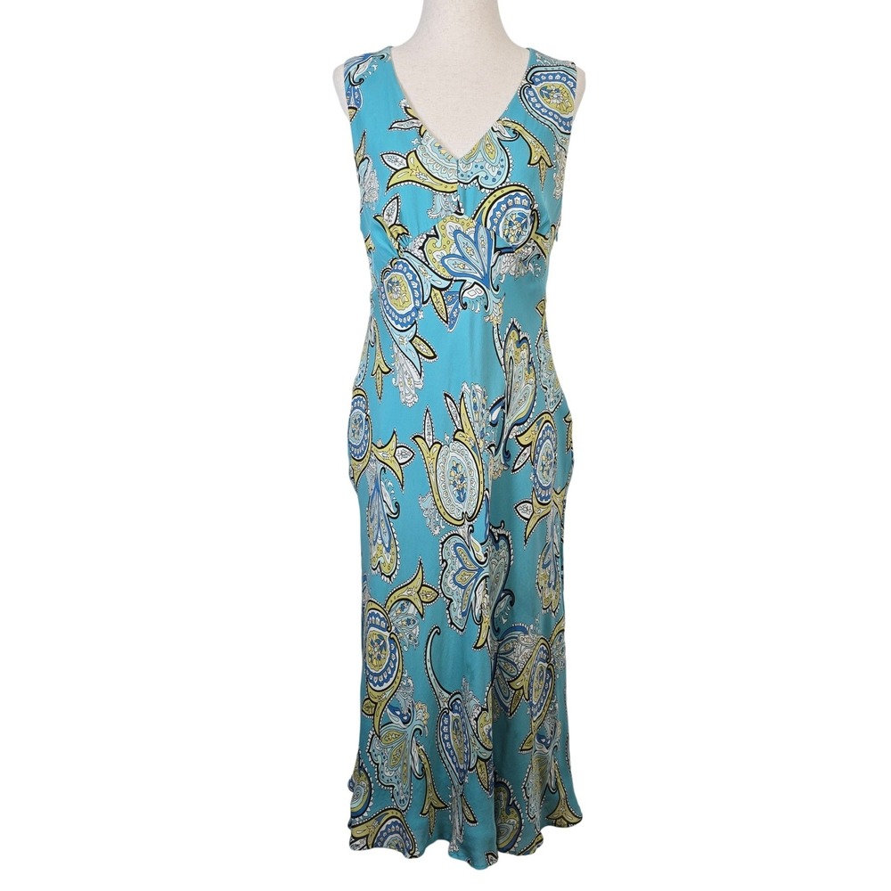 Ann Taylor LOFT Silk Paisley Midi Dress Turquoise Blue Sleeveless Size 10 Y2K